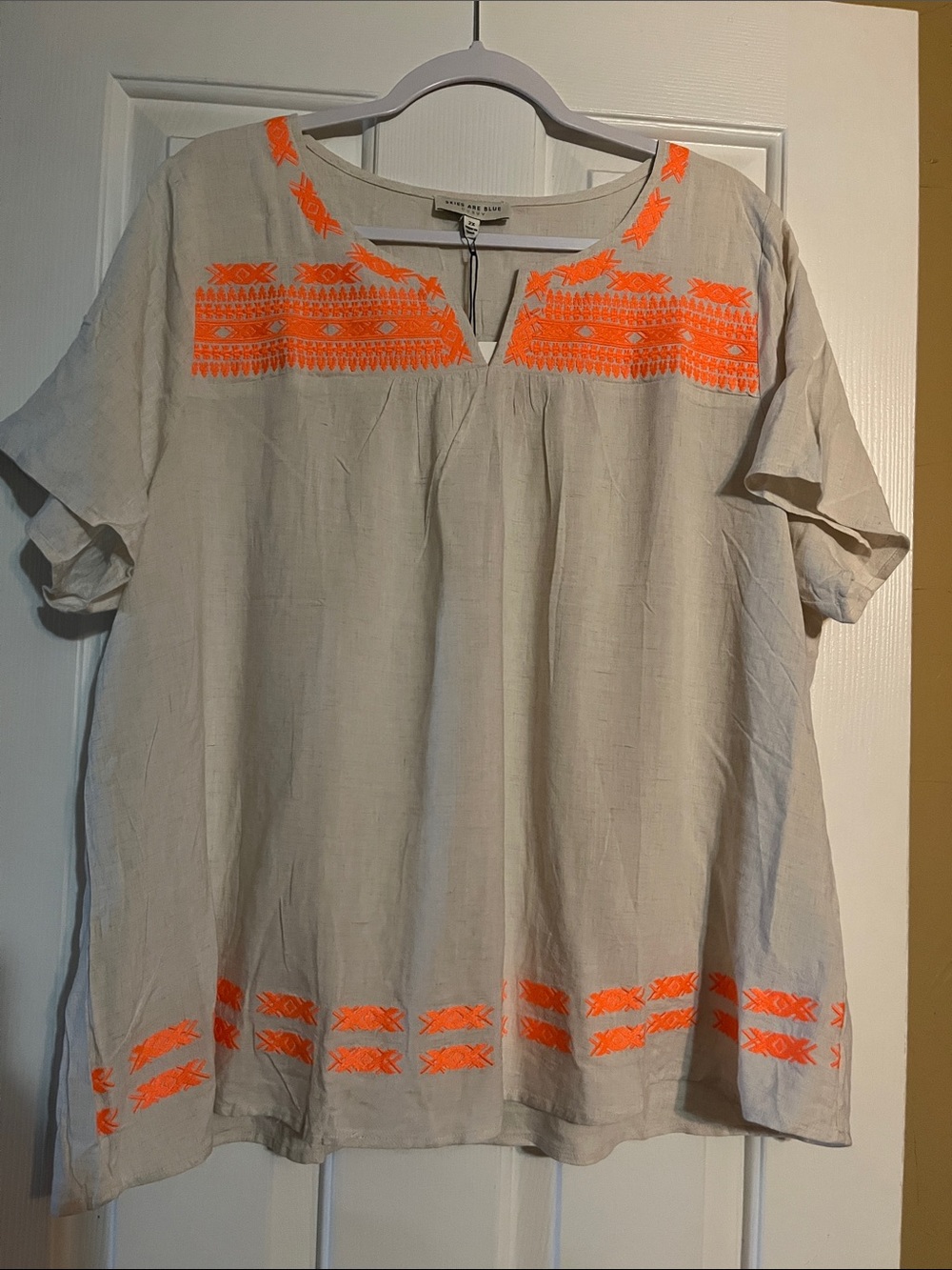 Skies are Blue brand blouse linen blend with orange embroidery.